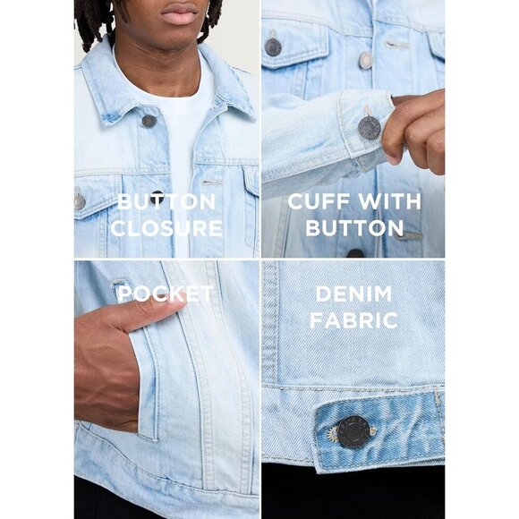 Mens Bleach Wash Denim Jacket Washed Ripped Distressed Stretch Casual Trucker - Picture 5 of 9